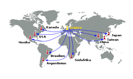 Weltkarte mit Exportzielen der Autoport Emden GmbH weltweit (Mexiko, USA, Kanada, Brasilien, Argentinien, Sdafrika, China, Taiwan, Japan