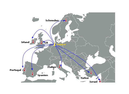 Europakarte mit Exportzielen der Autoport Emden GmbH (Schweden, England, Irland Portugal, Spanien, Italien, Türkei, Israel