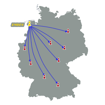 Deutschlandkarte mit Frachtzielen der Autoport Emden GmbH